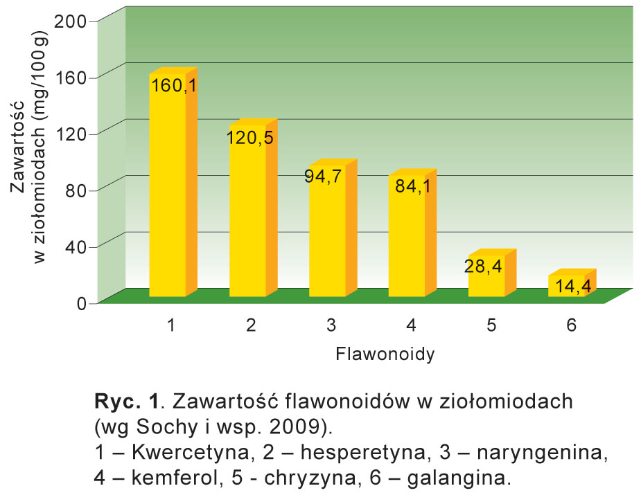 Ryc. 1. Zawartość flawonoidów w&nbsp;ziołomiodach  (wg Sochy i&nbsp;wsp. 2009).