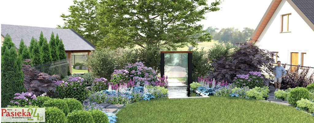 Rabata na wilgotne stanowisko przy ogrodowej ścianie wodnej - wizualizacja